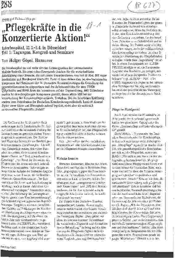 Vorschauseite 1: Pflegekräfte in die Konzertierte Aktion! / Interhospital 31.3.-3.4. in Düsseldorf 1.Teil: Tagungen, Kongreß und Seminare