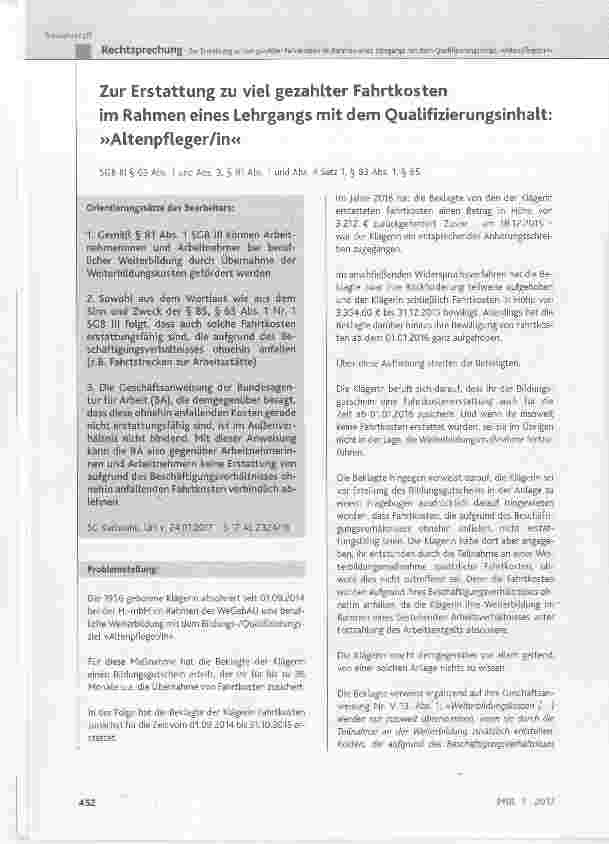Vorschauseite 1: Zur Erstattung zu viel gezahlter Fahrtkosten im Rahmen eines Lehrgangs mit dem Qualifizierungsinhalt: »Altenpfleger/in«