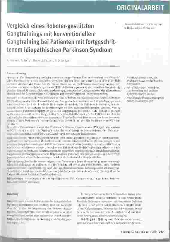 Vorschauseite 1: Vergleich eines Roboter-gestützten Gangtrainings mit konventionellem Gangtraining bei Patienten mit fortgeschrittenem idiopathischen Parkinson-Syndrom