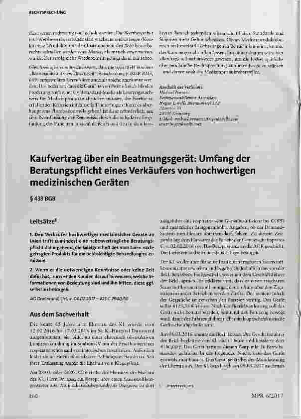 Vorschauseite 1: Kaufvertrag über ein Beatmungsgerät: Umfang der Beratungspflicht eines Verkäufers von hochwertigen medizinischen Geräten
