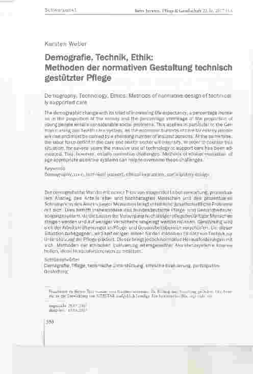 Vorschauseite 1: Demografie, Technik, Ethik: Methoden der normativen Gestaltung technisch gestützter Pflege