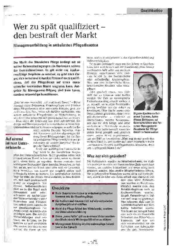 Vorschauseite 1: Wer zu spät qualifiziert - den bestraft der Markt Managementbildung in ambulanten Pflegediensten