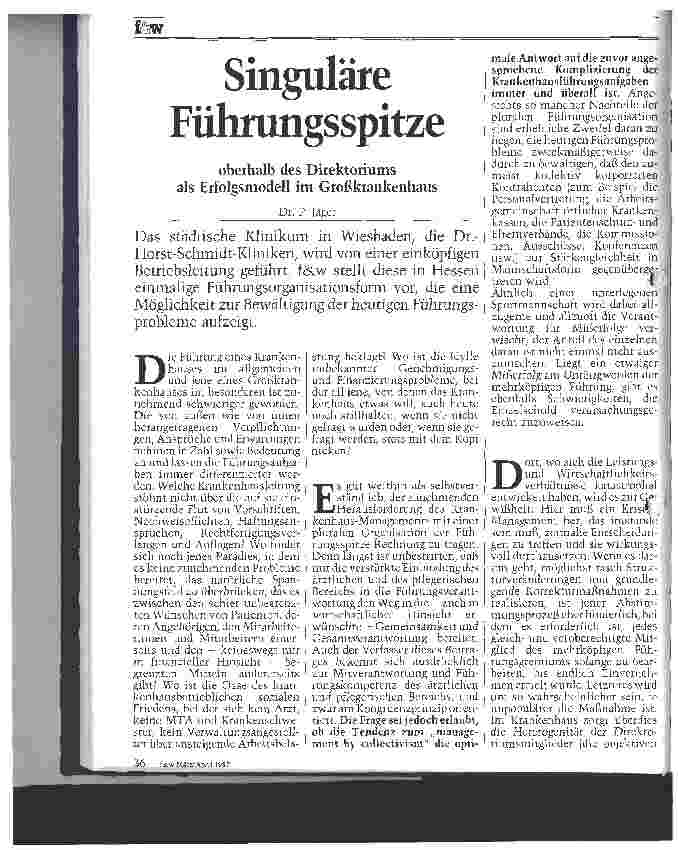 Vorschauseite 1: Singuläre Führungsspitze oberhalb des Direktoriums als Erfolgsmodell im Großkrankenhaus