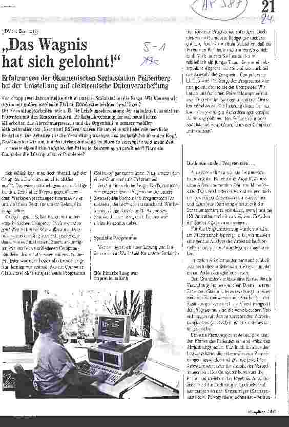 Vorschauseite 1: Das Wagnis hat sich gelohnt! Erfahrungen der Ökumen. Sozialstation Peißenberg bei der Umstellung auf elektronische Datenverarbeitung