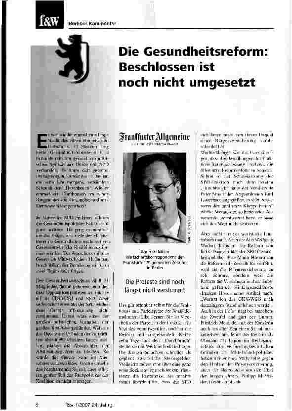 Vorschauseite 1: Die Gesundheitsreform Beschlossen ist noch nicht umgesetzt