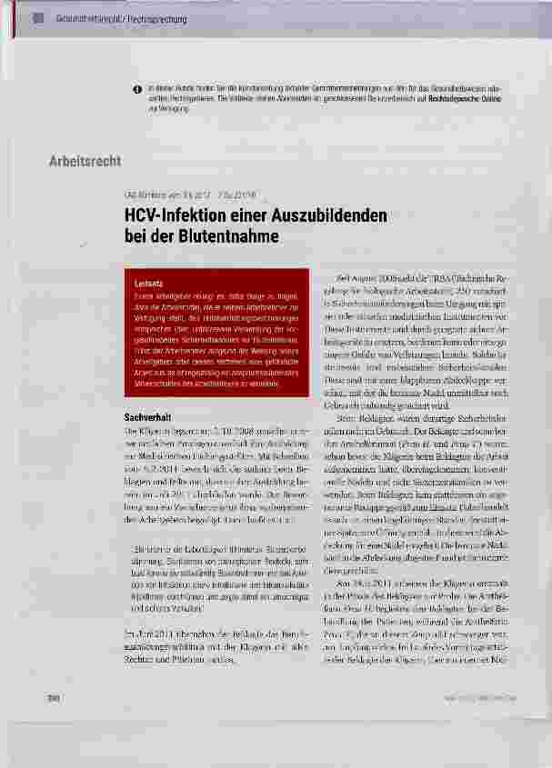 Vorschauseite 1: HCV-lnfektion einer Auszubildenden bei der Blutentnahme