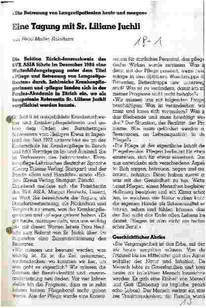 Vorschauseite 1: Eine Tagung mit Sr. Liliane Juchli Die Betreuung von Langzeitpatienten heute und morgen