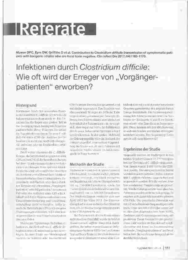 Vorschauseite 1: Infektionen durch Clostridium difficile:Wie oft wird der Erreger von „Vorgängerpatienten“ erworben?
