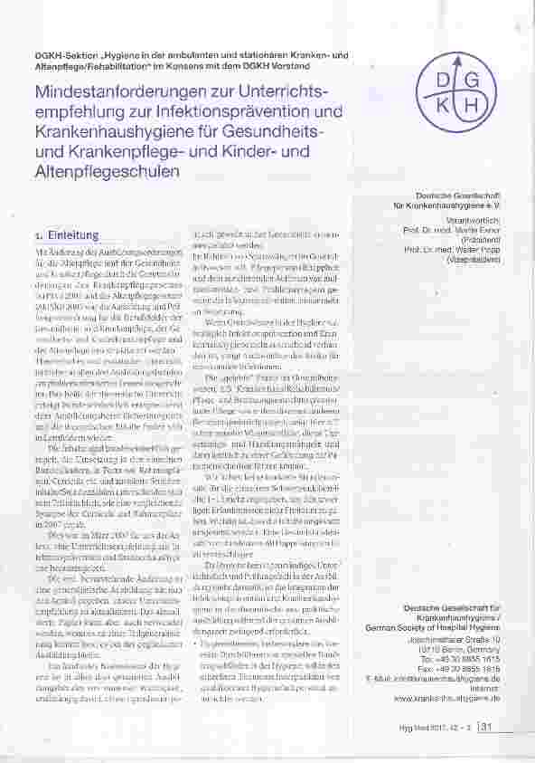 Vorschauseite 1: Mindestanforderungen zur Unterrichtsempfehlung zur Infektionsprävention und Krankenhaushygiene für Gesundheitsund Krankenpflegeund Kinderund Altenpflegeschulen