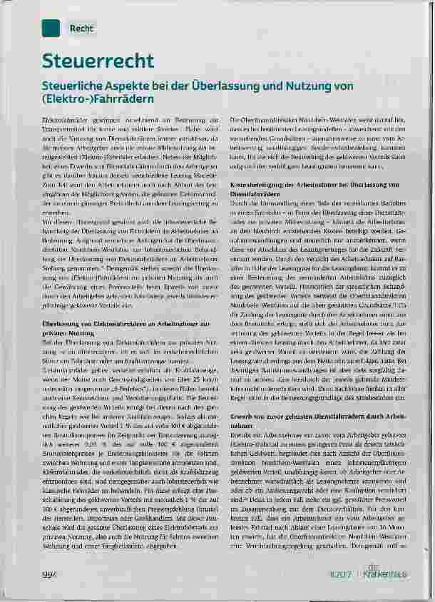 Vorschauseite 1: Steuerliche Aspekte bei der Überlassung und Nutzung von (Elektro-)Fahrrädern