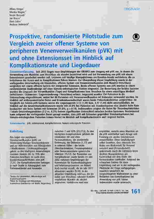 Vorschauseite 1: Prospektive, randomisierte Pilotstudie zum Vergleich zweier offener Systeme von peripheren Venenverweilkanülen (pVK) mit und ohne Extensionsset im Hinblick auf Komplikationsrate u…