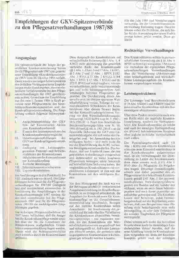 Vorschauseite 1: Empfehlungen der GKV-Spitzenverände zu den Pflegesatzverhandlungen 1987/88