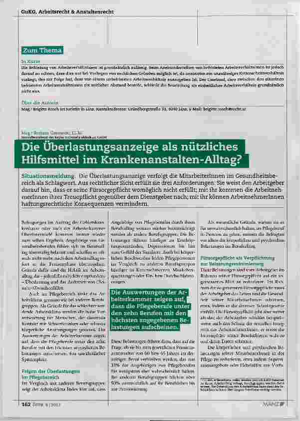 Vorschauseite 1: Die Überlastungsanzeige als nützliches Hilfsmittel im Krankenanstalten-Alltag?