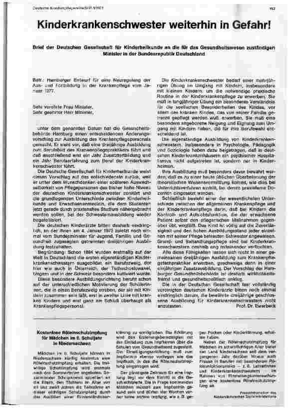 Vorschauseite 1: Kinderkrankenschwester weiterhin in Gefahr! Brief an Minister der BRD für Gesundheitswesen