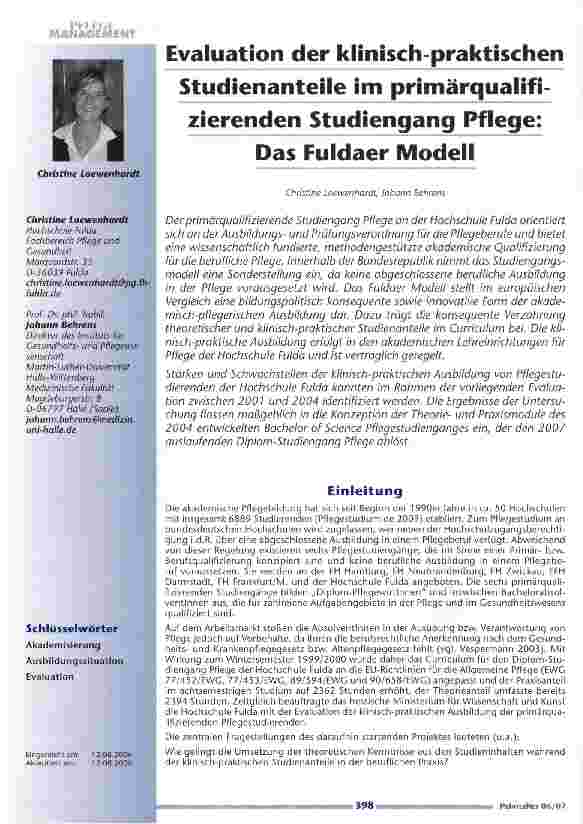 Vorschauseite 1: Evaluation der klinisch-praktischen Studienanteile im primärqualifizierenden Studiengang Pflege: Das Fuldaer Modell