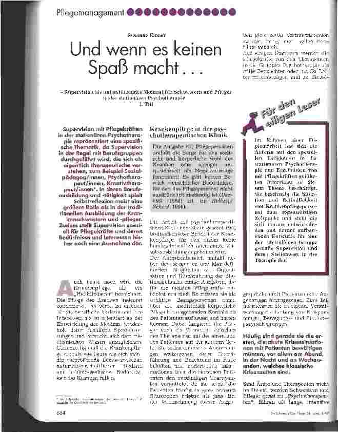 Vorschauseite 1: Und wenn es keinen Spaß macht ... 1. Teil Supervision als unterstützendes Moment für Schwestern unf Pfleger in der stationären Psychotherapie