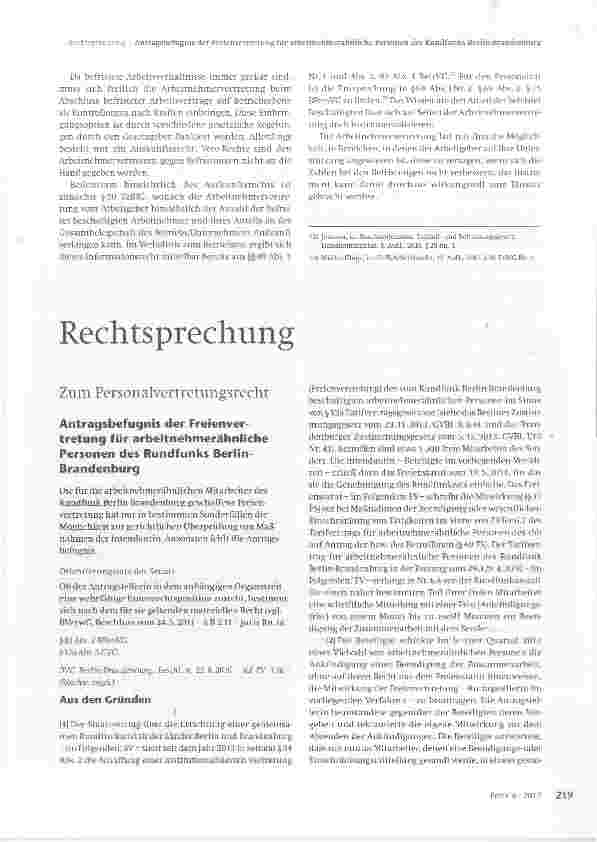 Vorschauseite 1: Antragsbefugnis der Freienvertretung für arbeitnehmerähnliche Personen des Rundfunks Berlin-Brandenburg