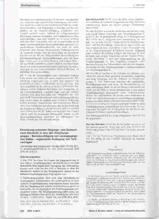 Vorschauseite 1: Einordnung zwischen Eingangsund Endwert nach Rückkehr in eine alte Vergütungsgruppe Berücksichtigung von vorangegangenen Zeiten ergänzende Auslegung von Tarifverträgen