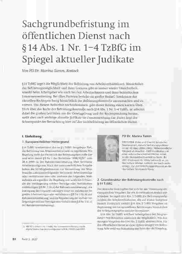 Vorschauseite 1: Sachgrundbefristung im öffentlichen Dienst nach § 14 Abs. 1 Nr. 1-4 TzBfG im Spiegel aktueller Judikate