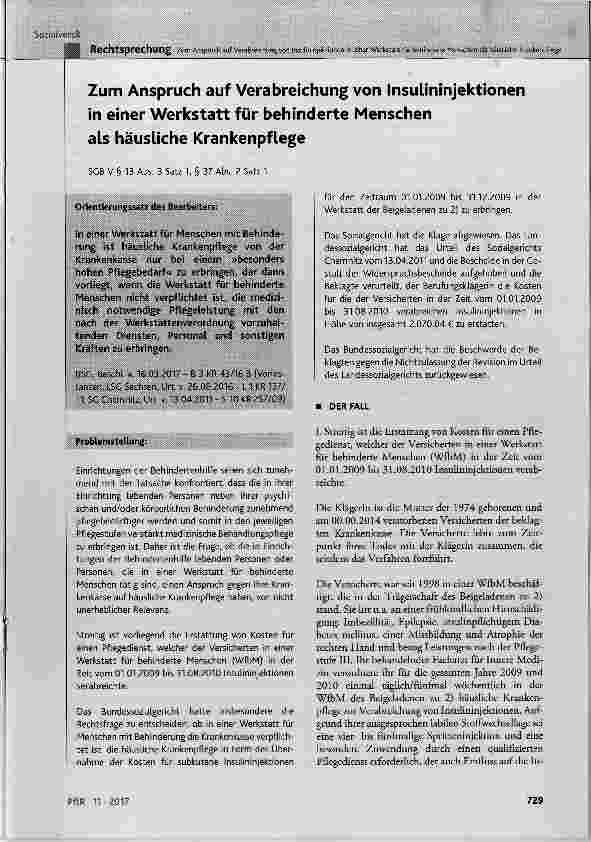 Vorschauseite 1: Zum Anspruch auf Verabreichung von Insulininjektionen in einer Werkstatt für behinderte Menschen als häusliche Krankenpflege