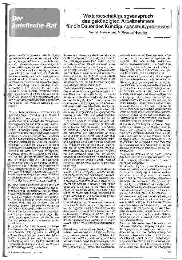 Vorschauseite 1: Weiterbeschäftigungsanspruch des gekündigten Arbeitnehmers für die Dauer des Kündigungsschutzprozesses