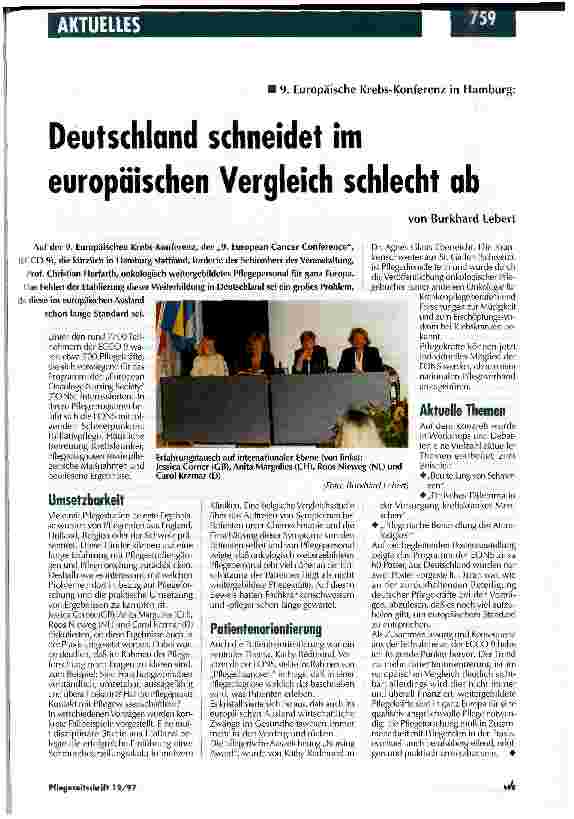 Vorschauseite 1: 9. Europäische Krebs-Konferenz in Hamburg: Deutschland schneidet im europäischen Vergleich schlecht ab