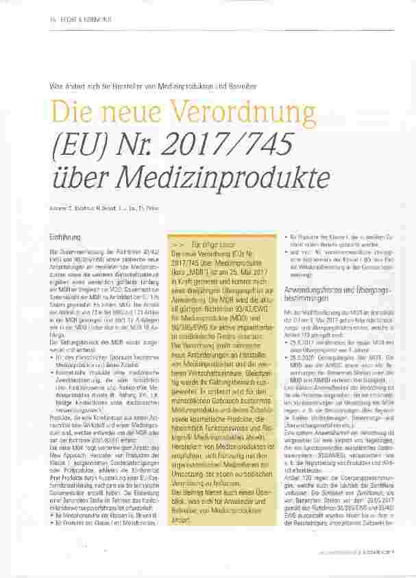 Vorschauseite 1: Die neue Verordnung (EU) Nr. 2017/745 über Medizinprodukte