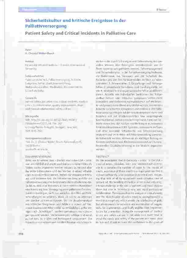 Vorschauseite 1: Sicherheitskultur und kritische Ereignisse in der PalliativversorgungPatient Safety and Critical Incidents in Palliative Care