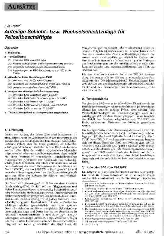 Vorschauseite 1: Anteilige Schichtbzw. Wechselschichtzulage für Teilzeitbeschäftigte