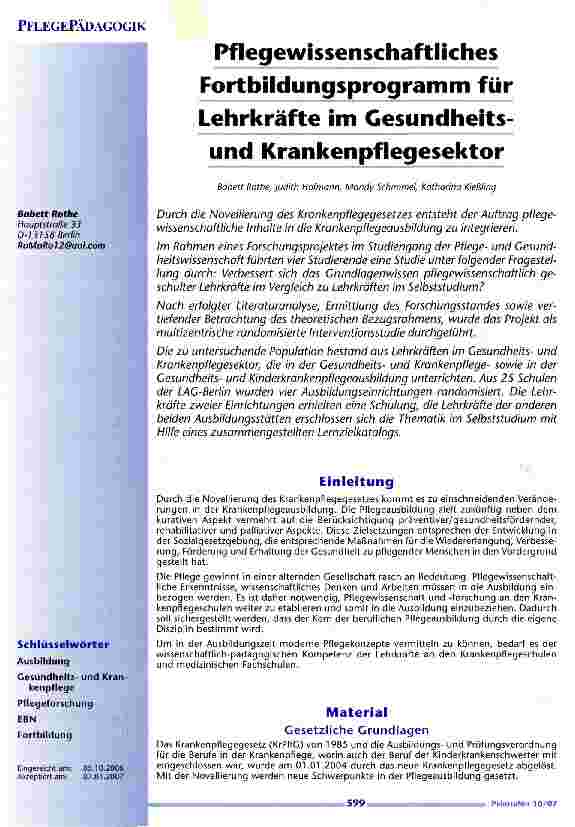 Vorschauseite 1: Pflegewissenschaftliches Fortbildungsprogramm für Lehrkräfte im Gesundheitsund Krankenpflegesektor