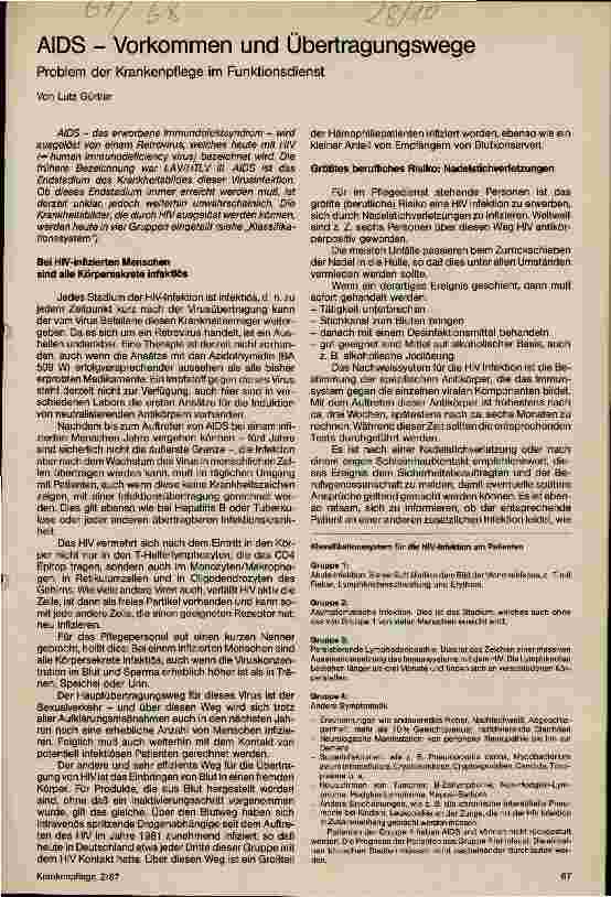 Vorschauseite 1: AIDS - Vorkommen und Übertragungswege/Problem der Krankenpflege im Funktiondienst