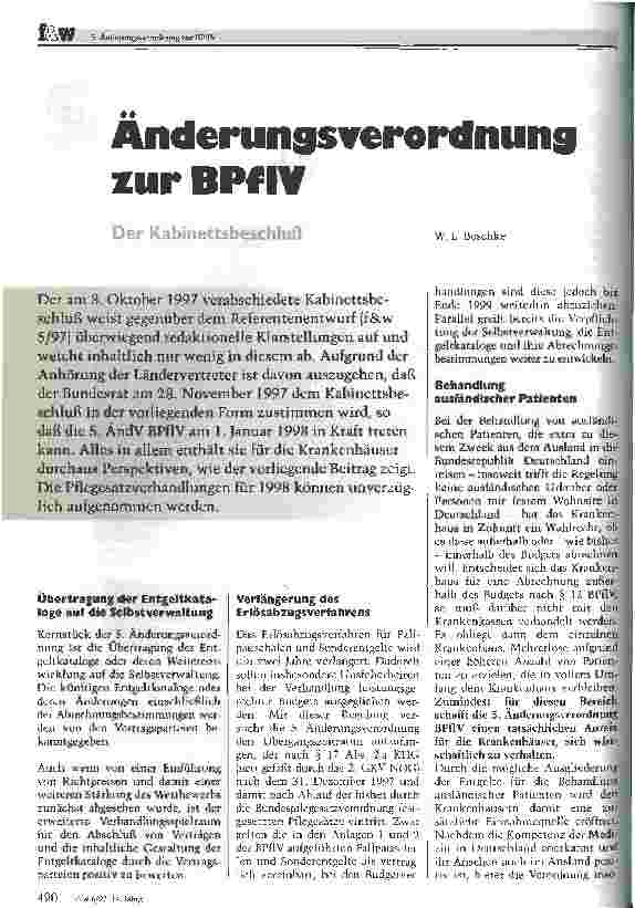 Vorschauseite 1: Änderungsverordnung zur BPflV Der Kabinettsbeschluß