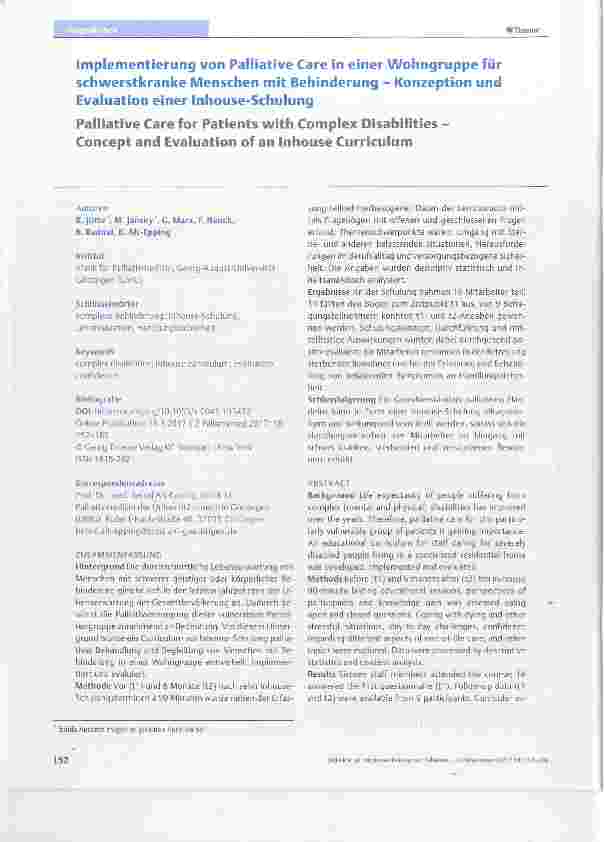 Vorschauseite 1: Implementierung von Palliative Care in einer Wohngruppe für schwerstkranke Menschen mit Behinderung Konzeption und Evaluation einer Inhouse-Schulung