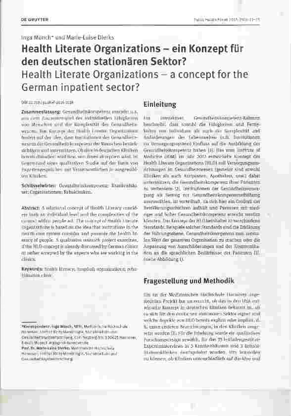 Vorschauseite 1: Health Literate Organizations ein Konzept für den deutschen stationären Sektor?Health Literate Organizations a concept for the German inpatient sector?