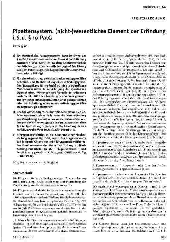 Vorschauseite 1: Pipettensystem: (nicht-)wesentliches Element der Erfindung i. S. d. §10 PatG