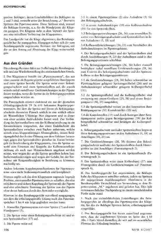 Vorschauseite 2: Pipettensystem: (nicht-)wesentliches Element der Erfindung i. S. d. §10 PatG