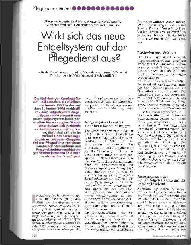 Vorschauseite 1: Wirkt sich das neue Entgeltsystem auf den Pflegedienst aus? Begleitforschung zur Bundespflegesatzverordnung 1995 macht Erwartungen im Krankenhausbereich deutlich