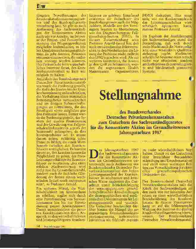 Vorschauseite 1: Stellungsnahme zum Gutachten des Sachverständigenrates für die Konzertierte Aktion im Gesundheitswesen Jahresgutachten 1987