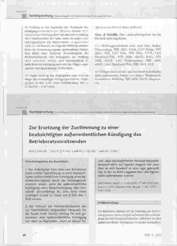 Vorschauseite 1: Zur Ersetzung der Zustimmung zu einer beabsichtigten außerordentlichen Kündigung des Betriebsratsvorsitzenden