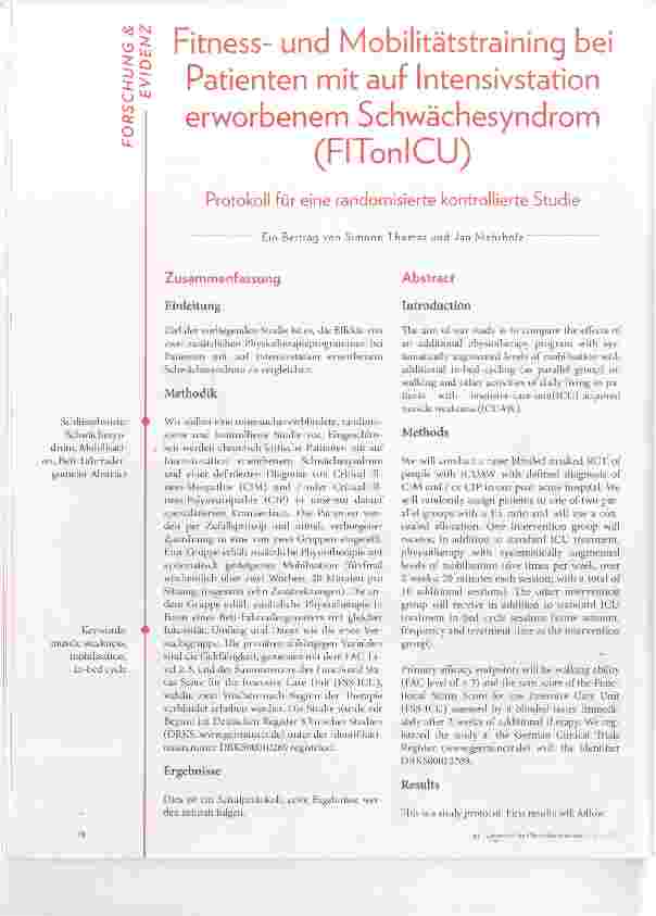 Vorschauseite 1: Fitnessund Mobilitätstraining bei Patienten mit auf Intensivstation erworbenem Schwächesyndrom (FITonICU)
