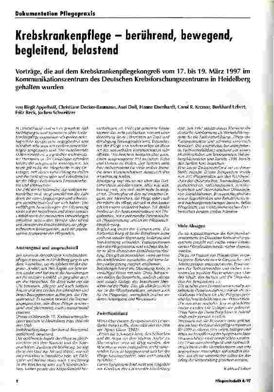 Vorschauseite 1: Krebskrankenpflege - berührend, bewegend, begleitend, belastend Vorträge, die auf dem Krebskrankenpflegkongreß vom 17 - 19. März 1997 im Kommunikationszentrum des Deutschen Krebsf…
