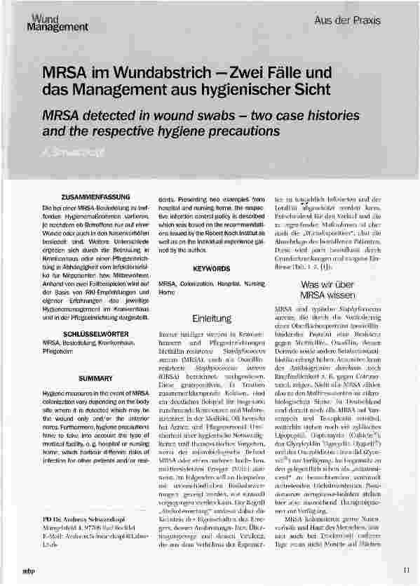 Vorschauseite 1: MRSA im Wundabstrich - Zwei Fälle und das Management aus hygienischer Sicht