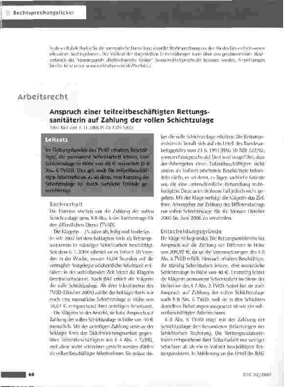 Vorschauseite 1: Arbeitsrecht - Anspruch einer teilzeitbeschäftigten Rettungssanitäterin auf Zahlung der vollen Schichtzulage
