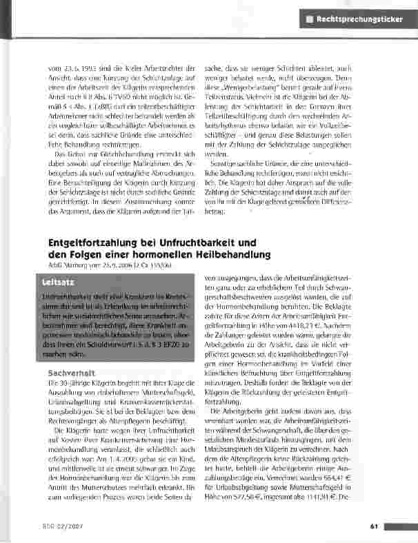 Vorschauseite 2: Arbeitsrecht - Anspruch einer teilzeitbeschäftigten Rettungssanitäterin auf Zahlung der vollen Schichtzulage