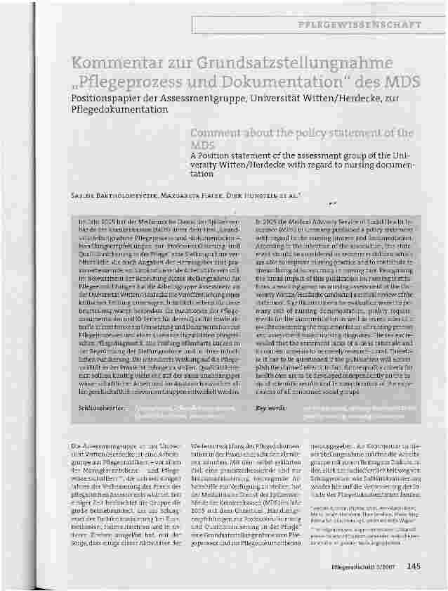 Vorschauseite 1: Kommentar zur Grundsatzstellungnahme Pflegeprozess und Dokumentation des MDS