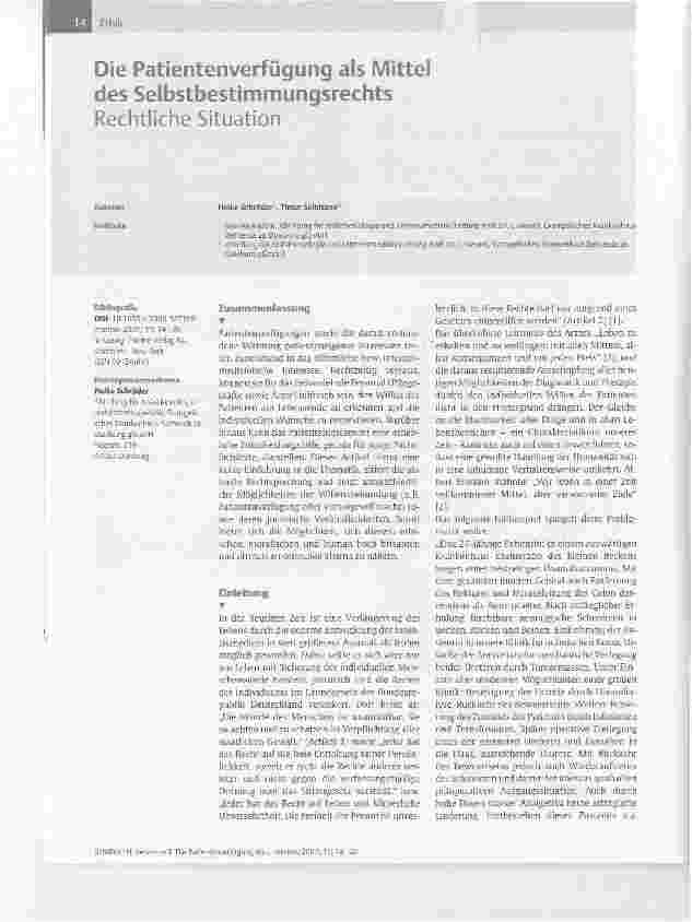 Vorschauseite 1: Die Patientenverfügung als Mittel des SelbstbestimmungsrechtsRechtliche Situation