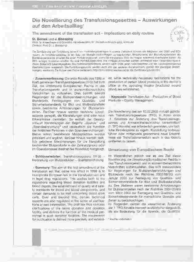 Vorschauseite 1: Die Novellierung des Transfusionsgesetzes - Auswirkungenauf den Arbeitsalltag*