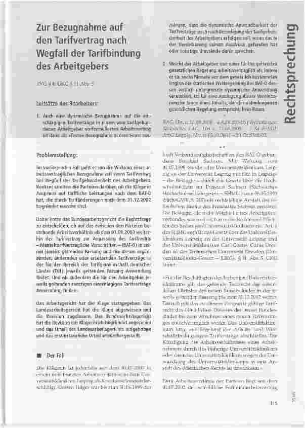 Vorschauseite 1: Zur Bezugnahme auf den Tarifvertrag nach Wegfall der Tarifbindung des Arbeitgebers