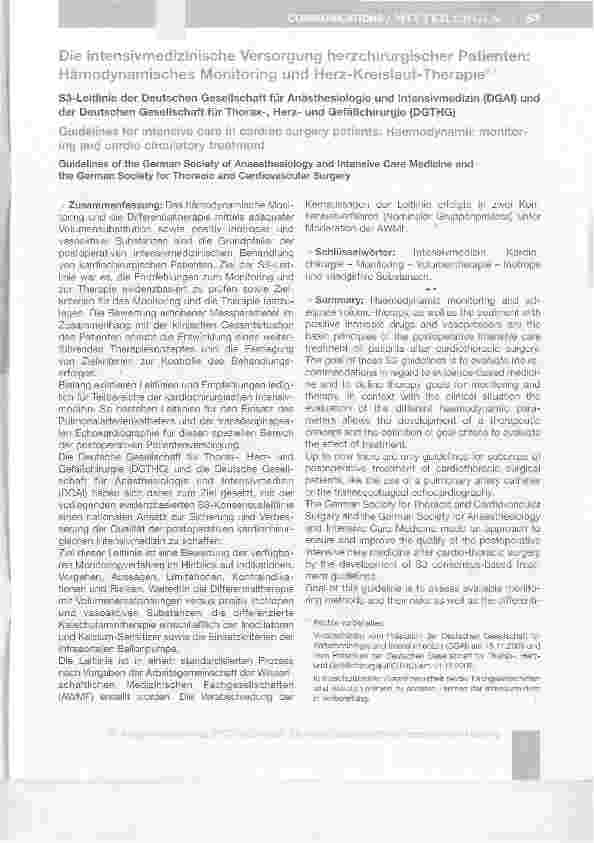 Vorschauseite 1: Die intensivmedizinische Versorgung herzchirurgischer Patienten: Hämodynamisches Monitoring und Herz-Kreislauf-Therapie