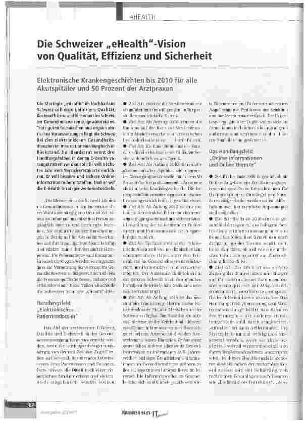 Vorschauseite 1: Die Schweizer eHealth-Vision von Qualität Effizienz und Sicherheit